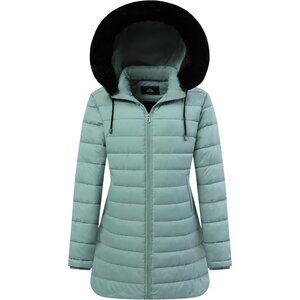 Women's Light Green Long Down Jacket Winter Hooded Puffer Coat